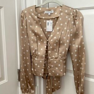 Brand new with tags taupe and white silk polka dot blouse